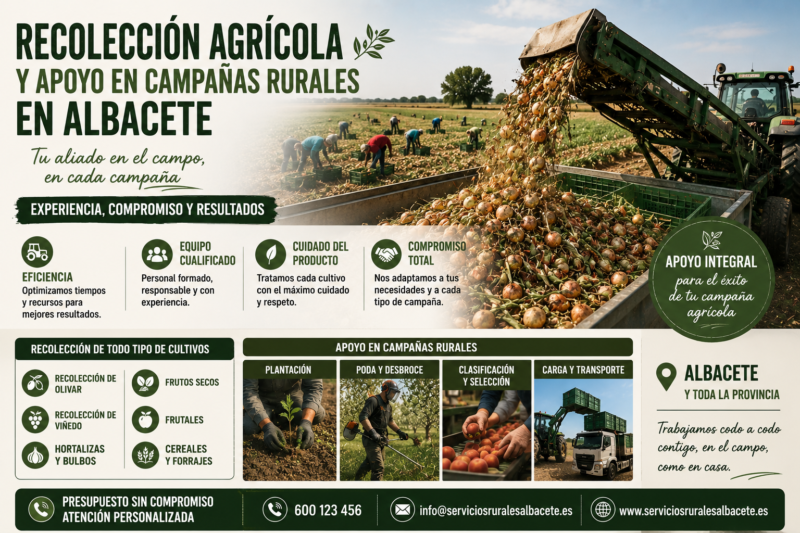 Recolección agrícola y apoyo en campañas rurales en Albacete